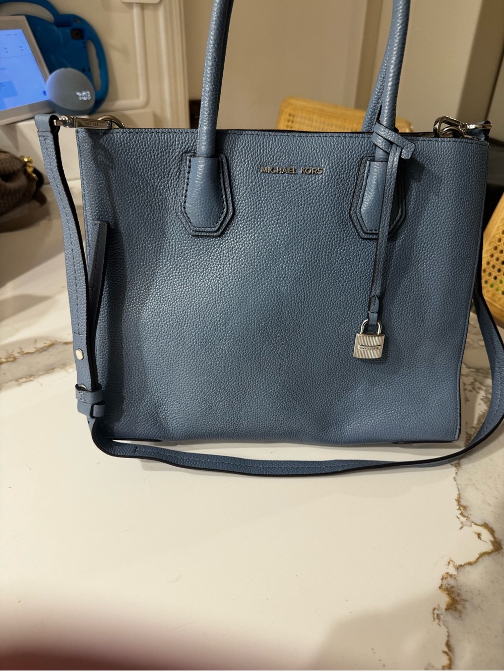 Michael Kors Slate Blue Pebbled Leather Shoulder Tote